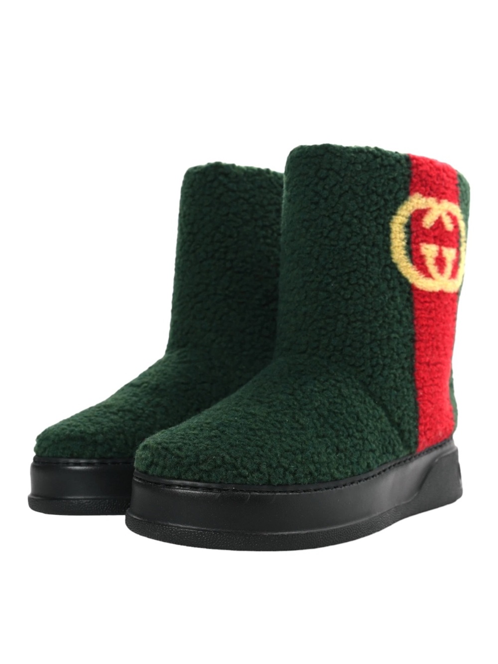 Gucci Furry Teddy Green Auckland Interlock GG Logo Shearling Web Strip Men’s 8.5 - Picture 2 of 5
